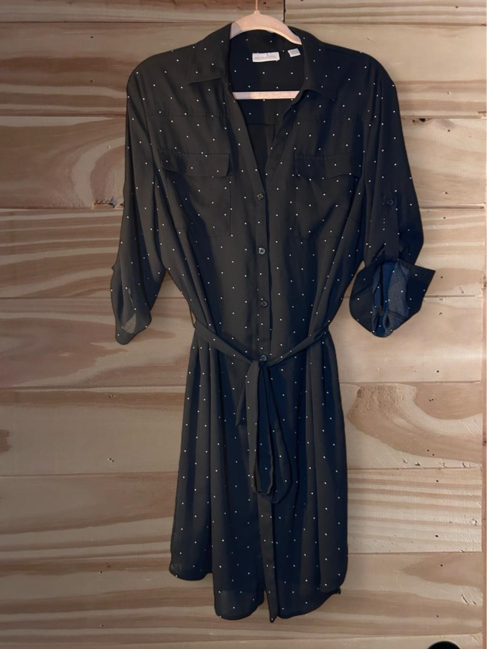 New York & Company Black polka dot button up shirt dress with tie waist. S XL